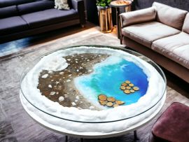 3D-rantataidetta sisältävä pyöreä lasinen sohvapöytä, joka hehkuu yöllä – Beach4me